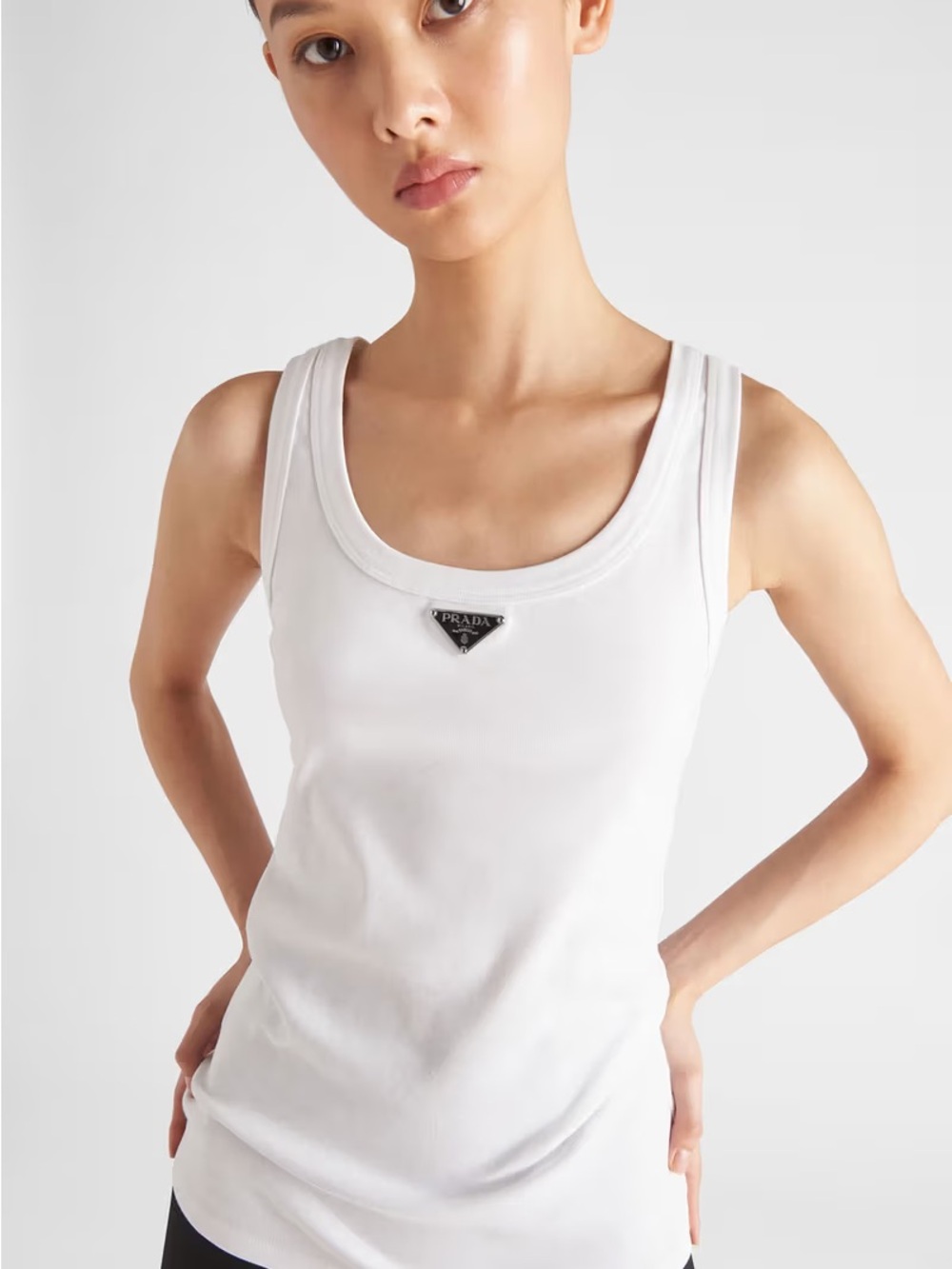 Prada Ribbed Knit Jersey Tank Top White Size 44 Triangle Logo